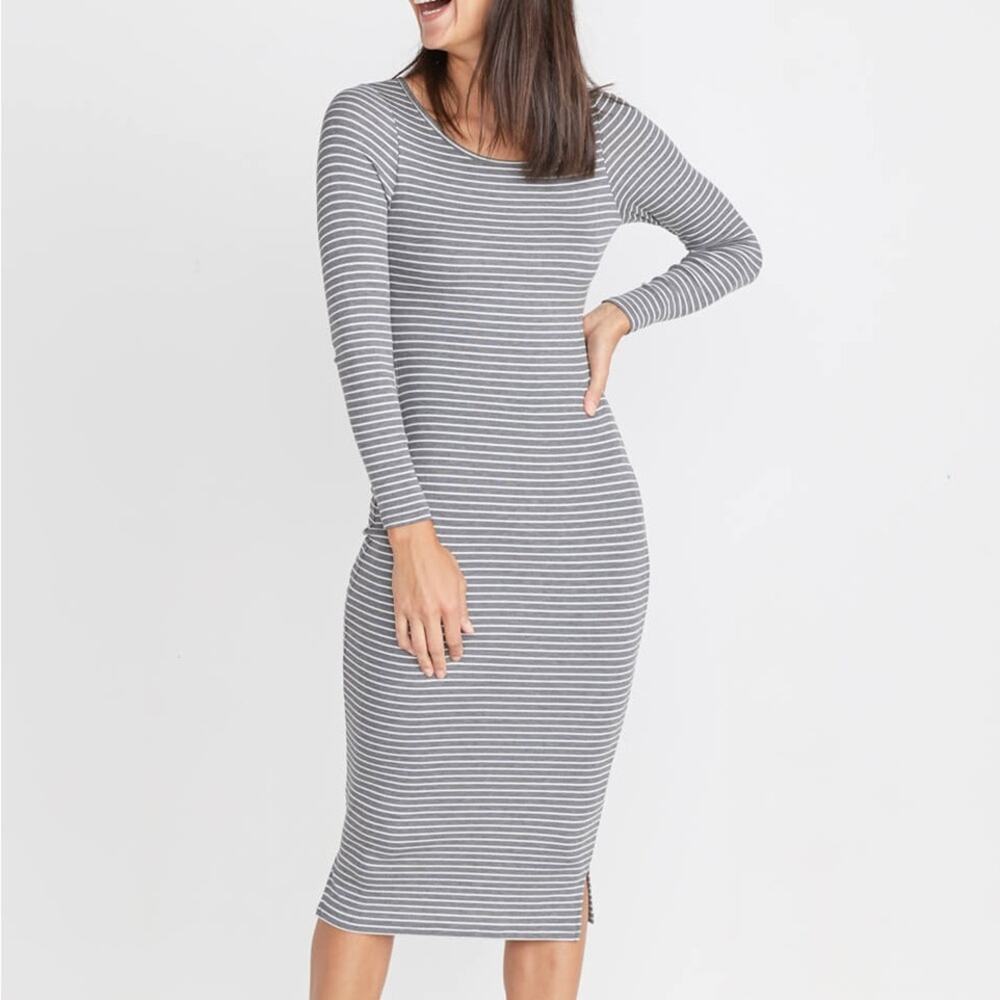Marine Layer Lexi Midi Dress in Heather Grey & White Stripes - Size Small